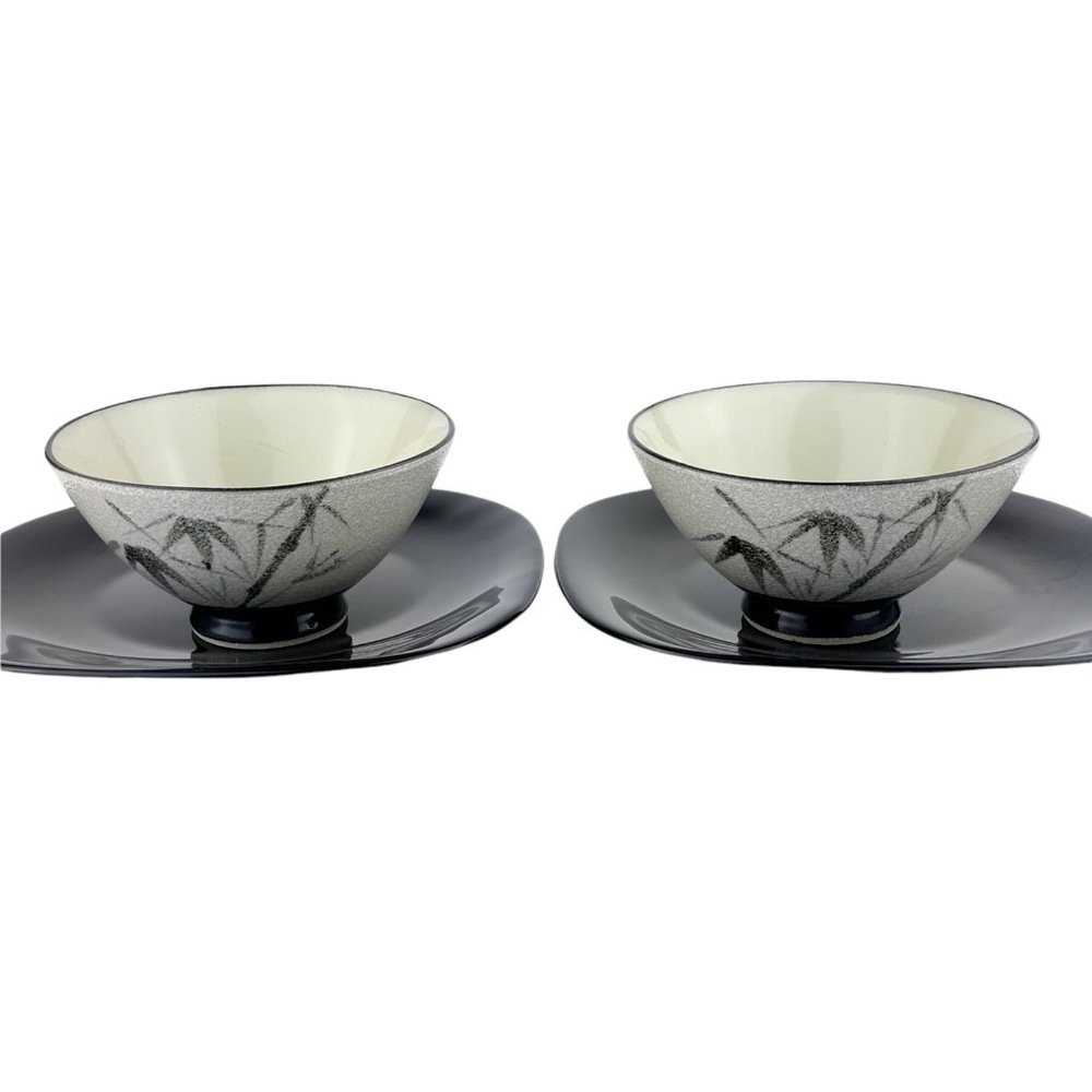 Ceramic Rice Bowls With Black Plates Bamboo Design Set of 2